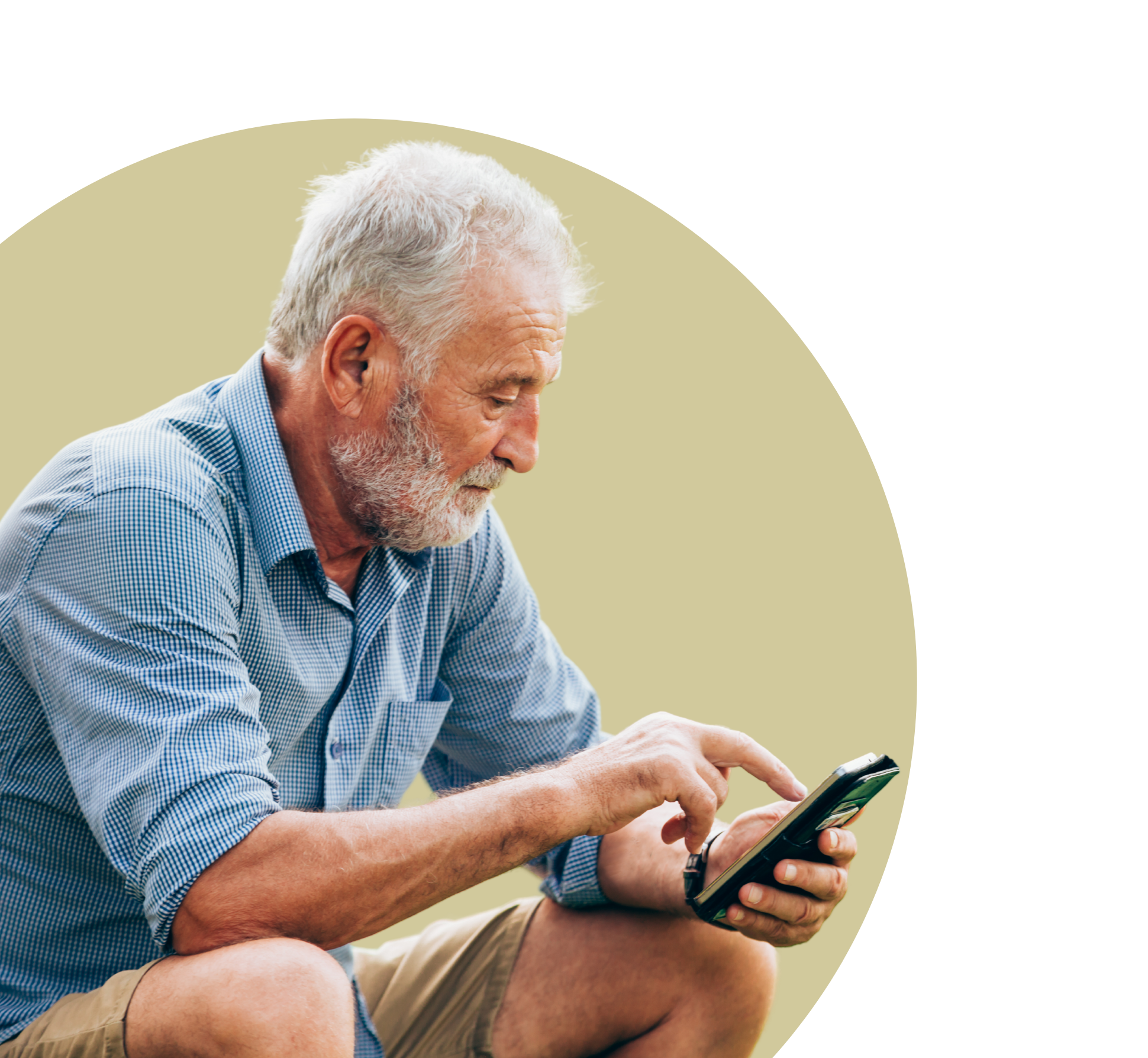 alt="Beige image banner that shows "Elder typing on his phone on the Mis-sold pensions claim page"
